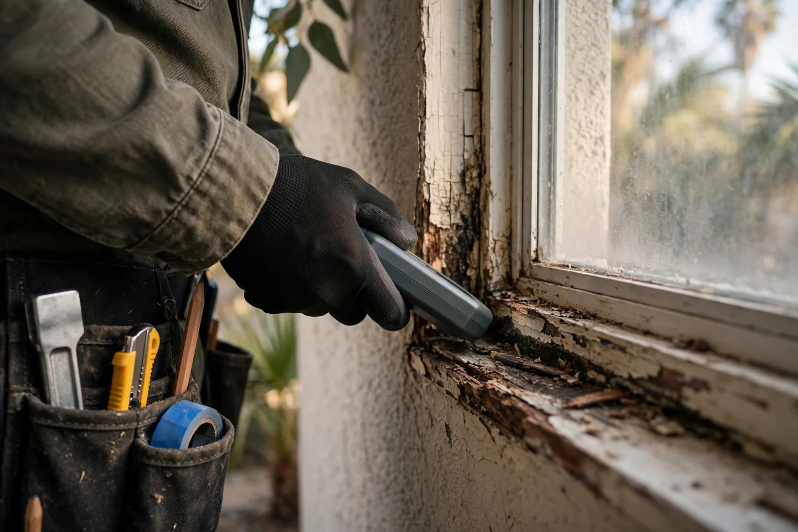 Condensation and paint damage on an interior window sill in an older home