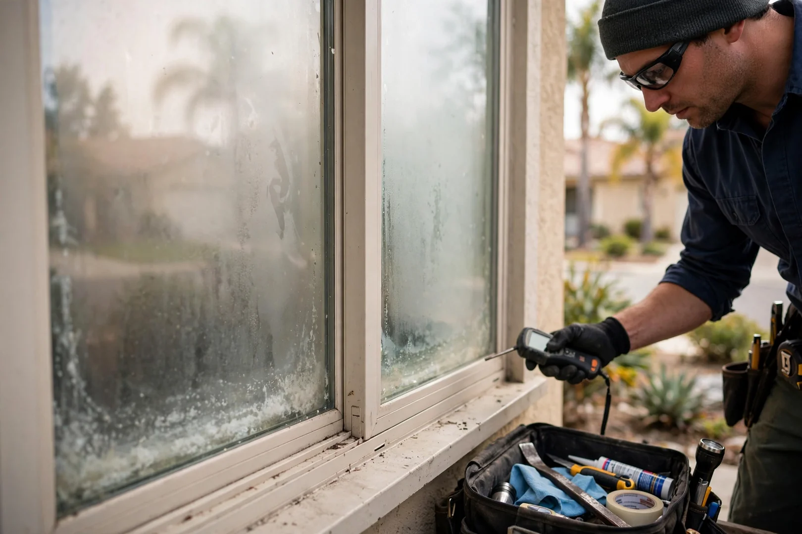 Close-up of fogged dual-pane glass showing failed insulated seal before replacement