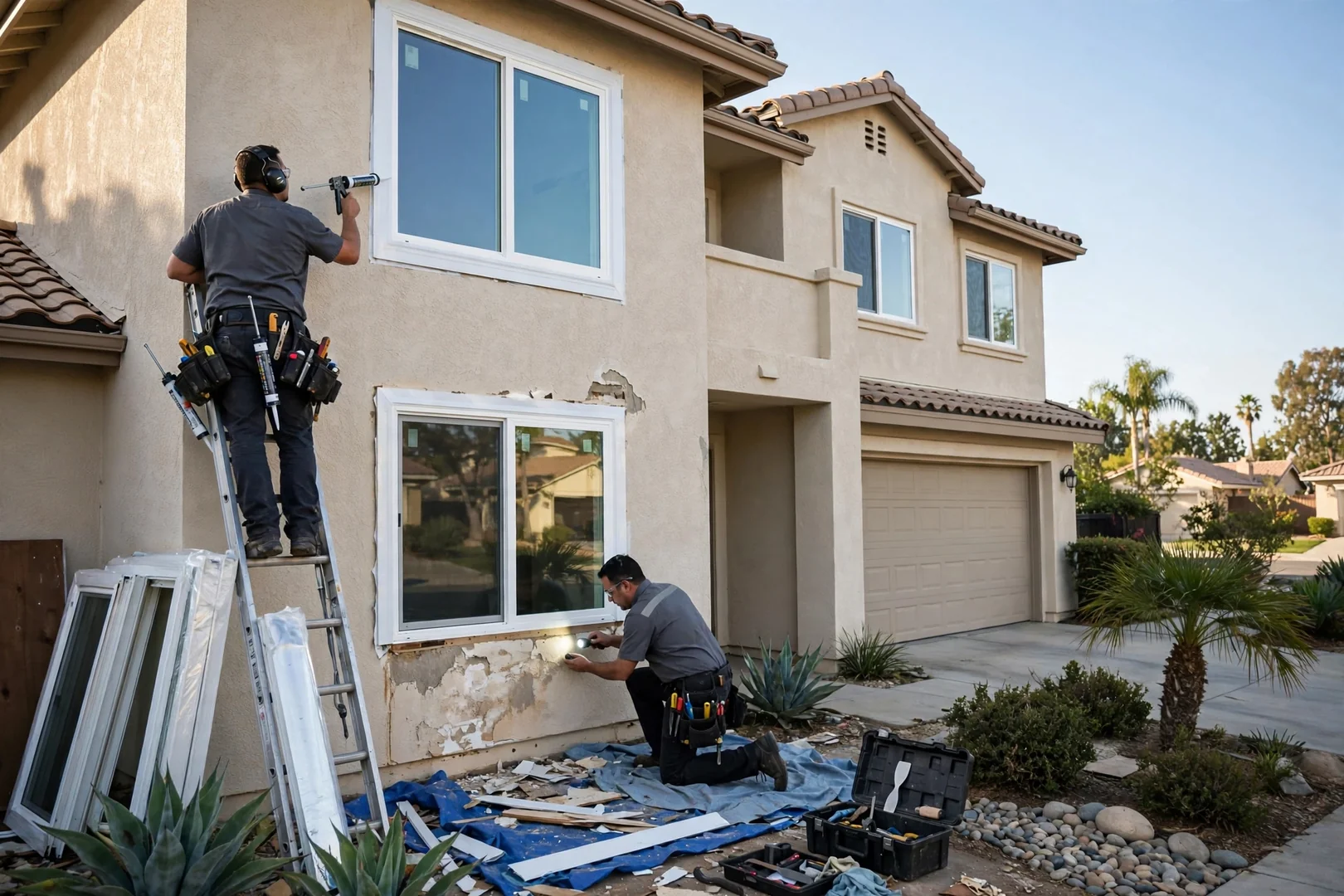 Wide shot of stucco two-story home with newly installed energy-efficient windows