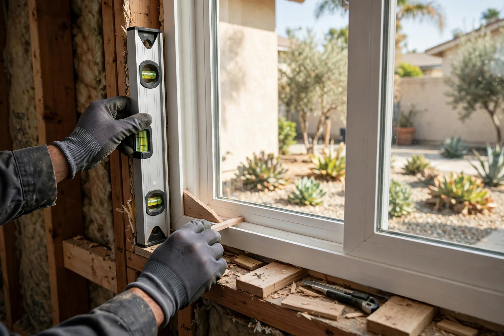 Installer setting level and shimming a new window into a prepared opening