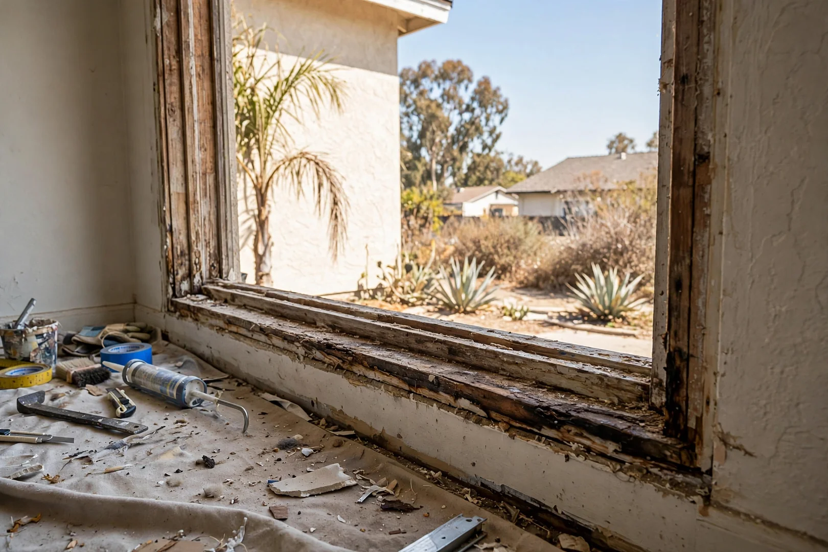 Old aluminum slider removed revealing weathered framing and worn sill
