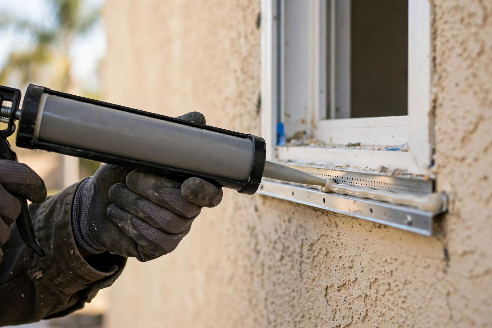 Perimeter sealant bead applied around new window flange for weather protection