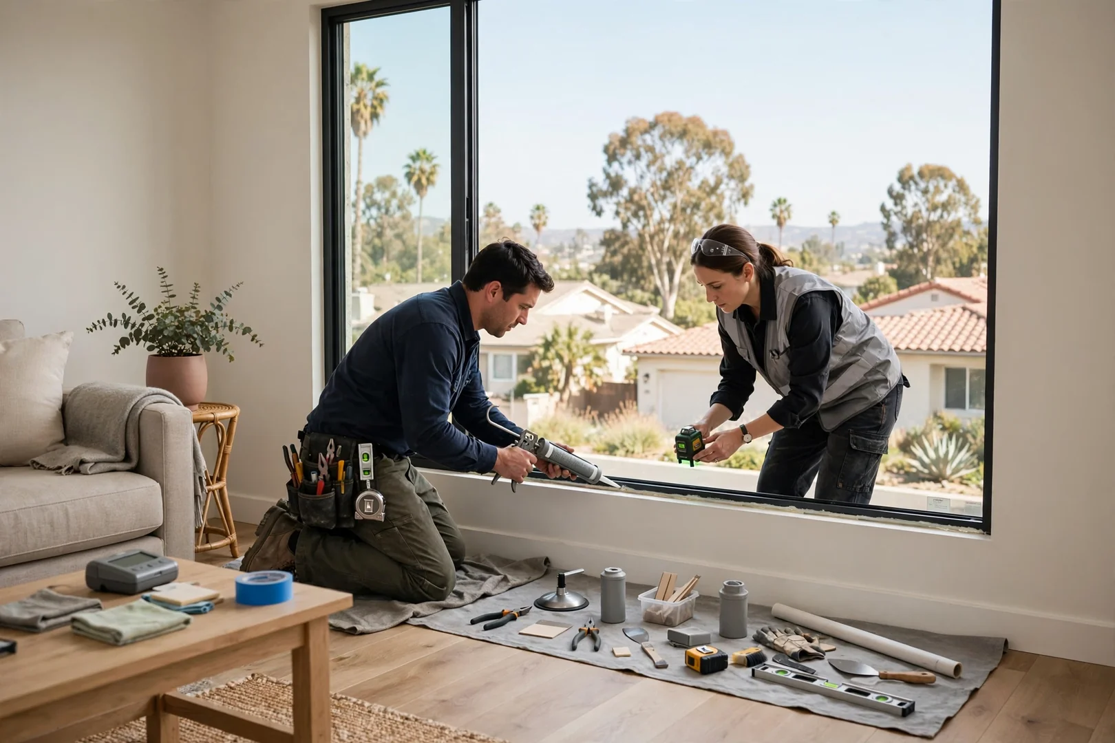 Finished living room with large low-E picture window and bright natural light