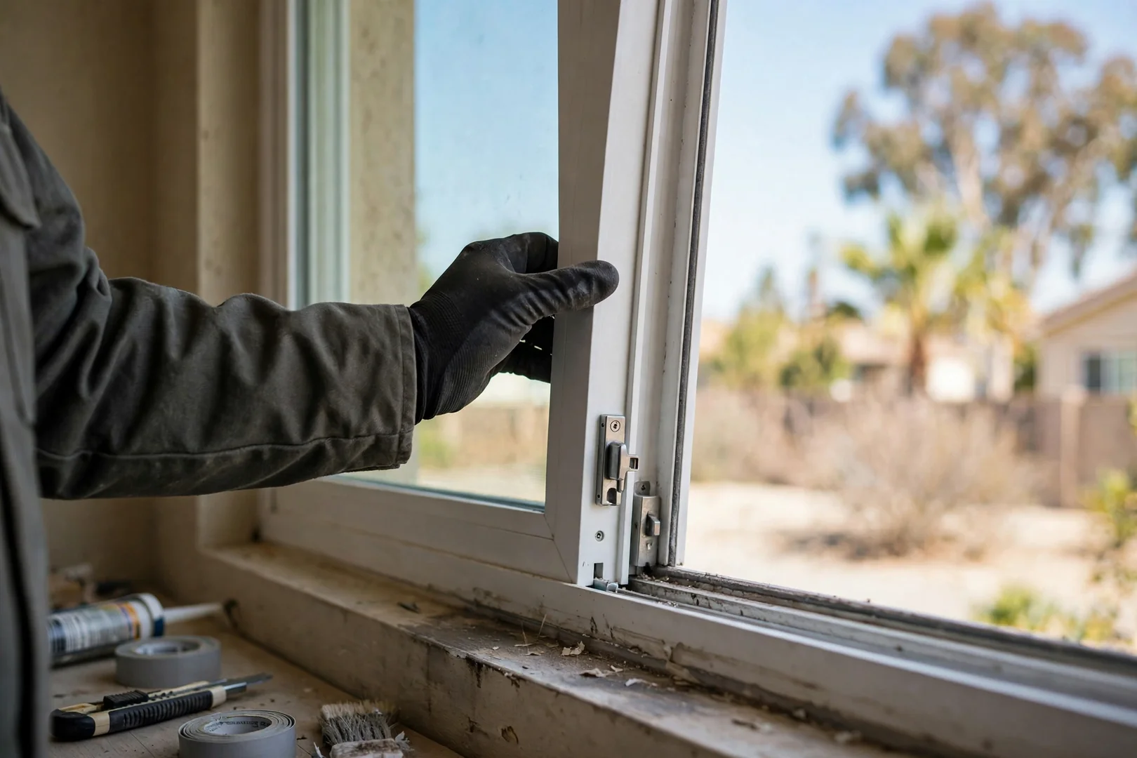 Technician testing sash operation and lock on newly installed sliding window