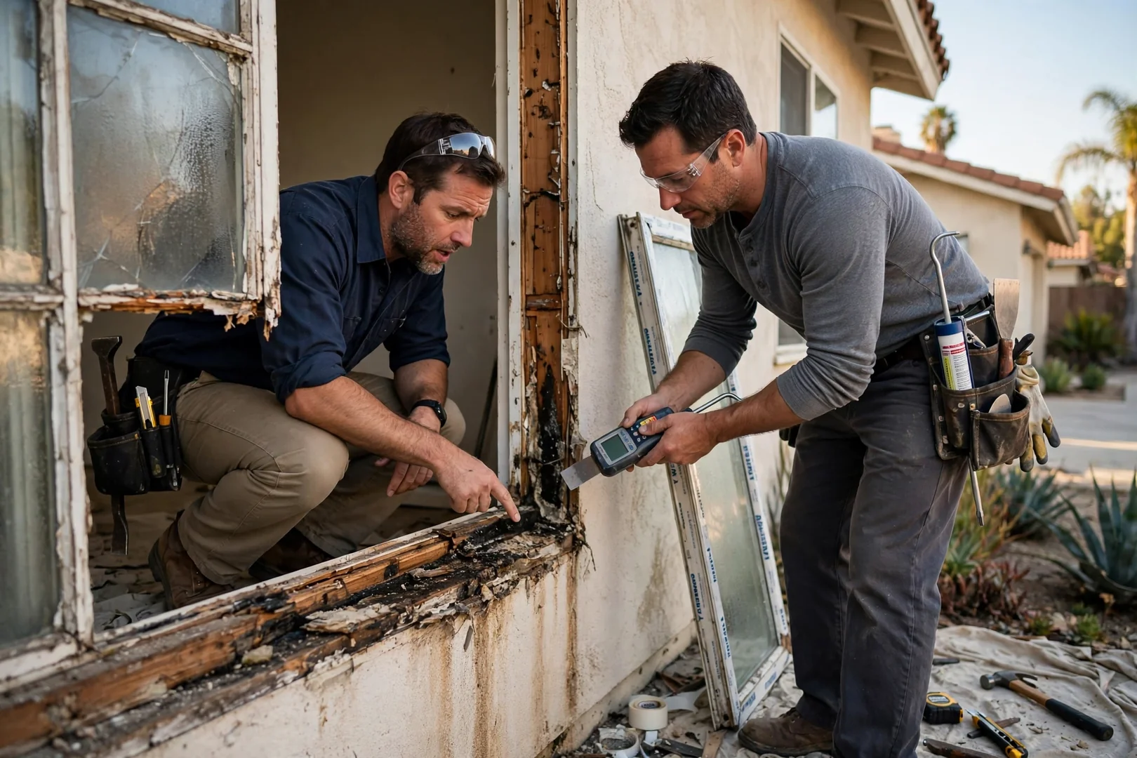 Installer setting a new vinyl window unit into a prepared Anaheim opening