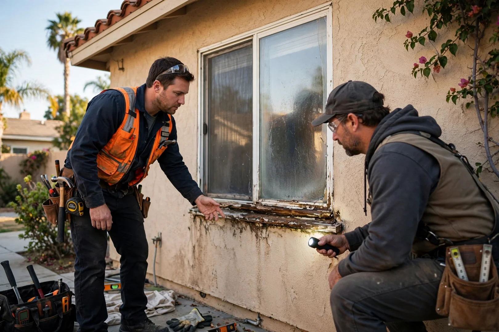 Fogged double-pane window showing failed seal in an older Anaheim home