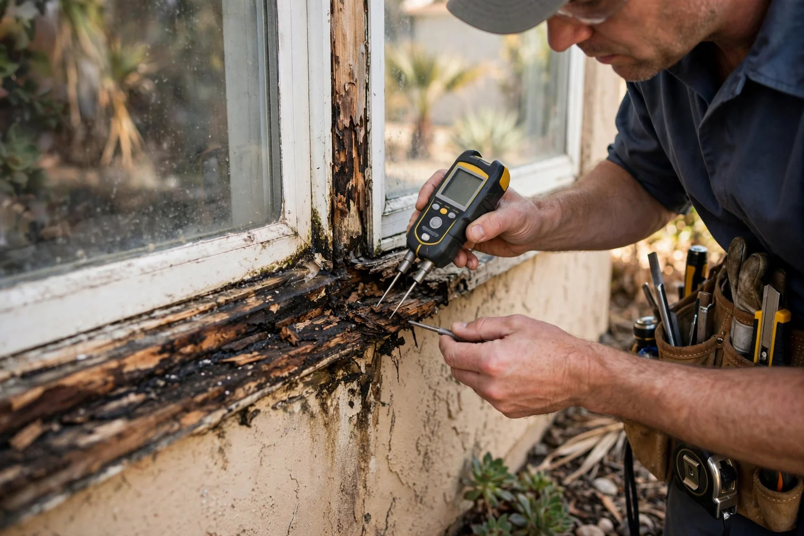Water staining and paint damage along an aging wooden window sill