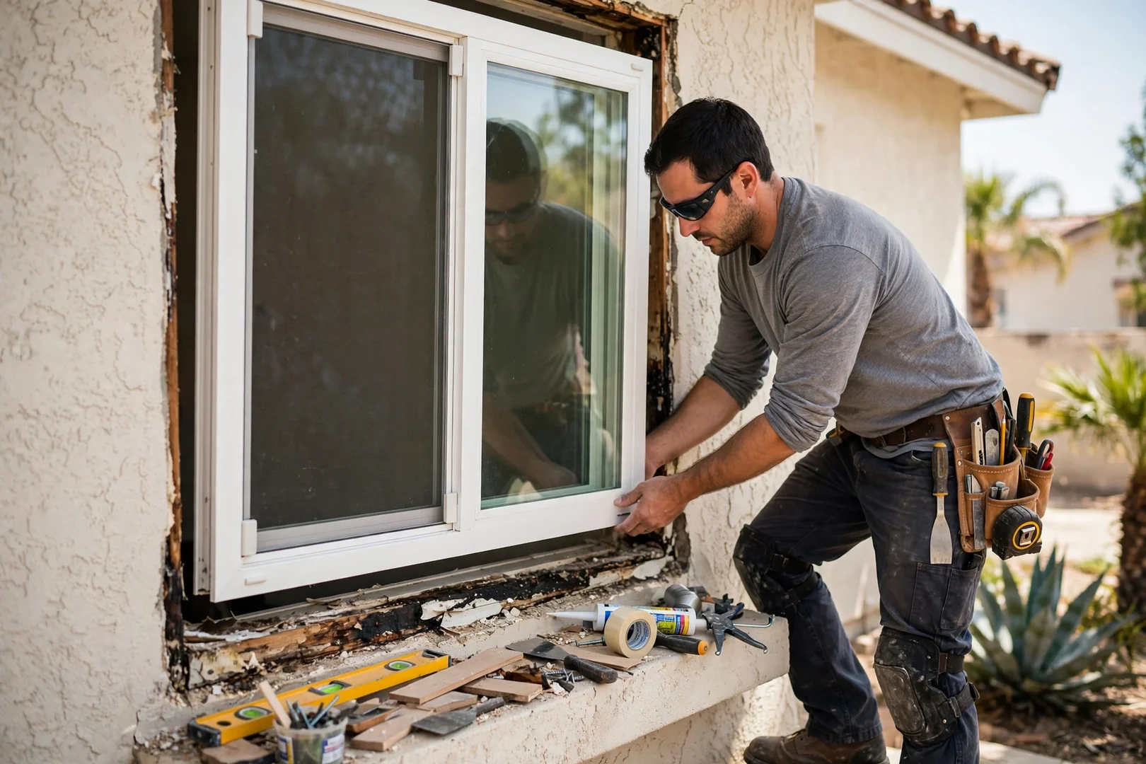 Installer setting a new dual pane vinyl window into a prepared stucco opening