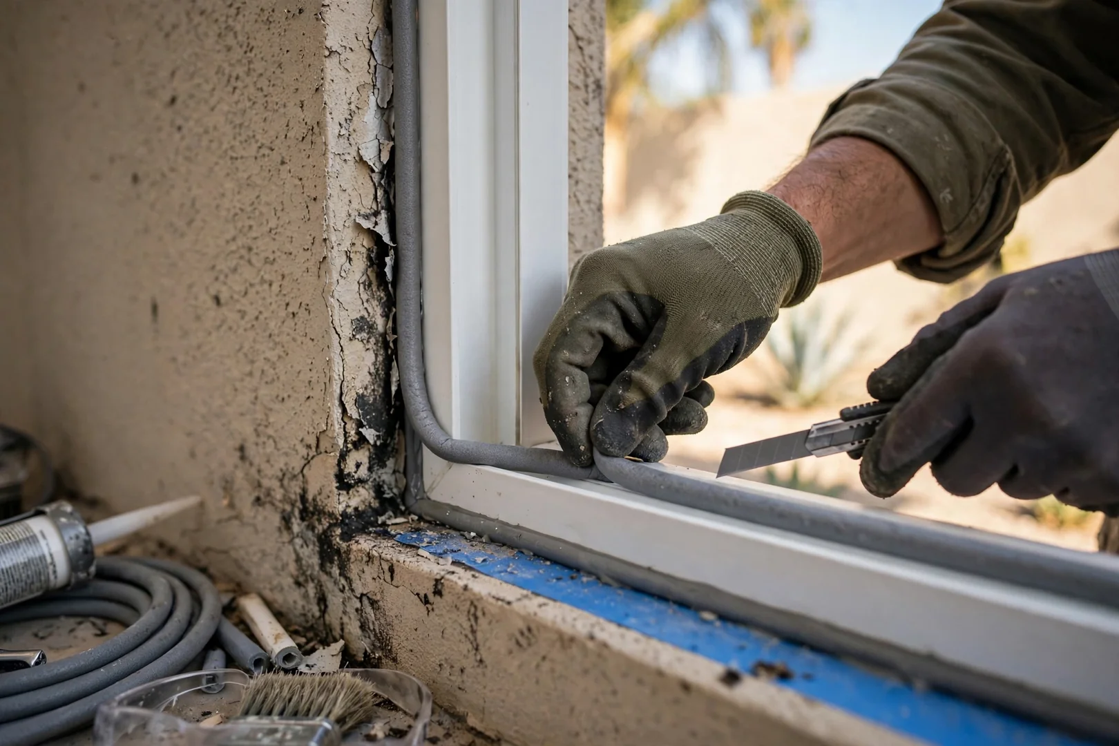 Close-up of perimeter sealant and backer rod applied around a newly installed window frame