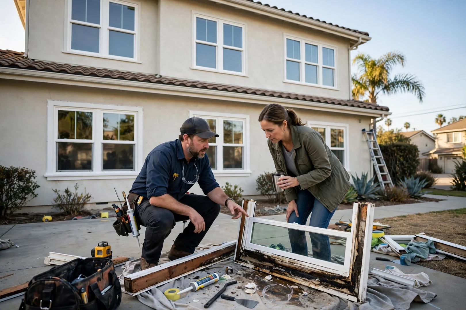 Two story Anaheim home with freshly installed white framed windows across the front elevation