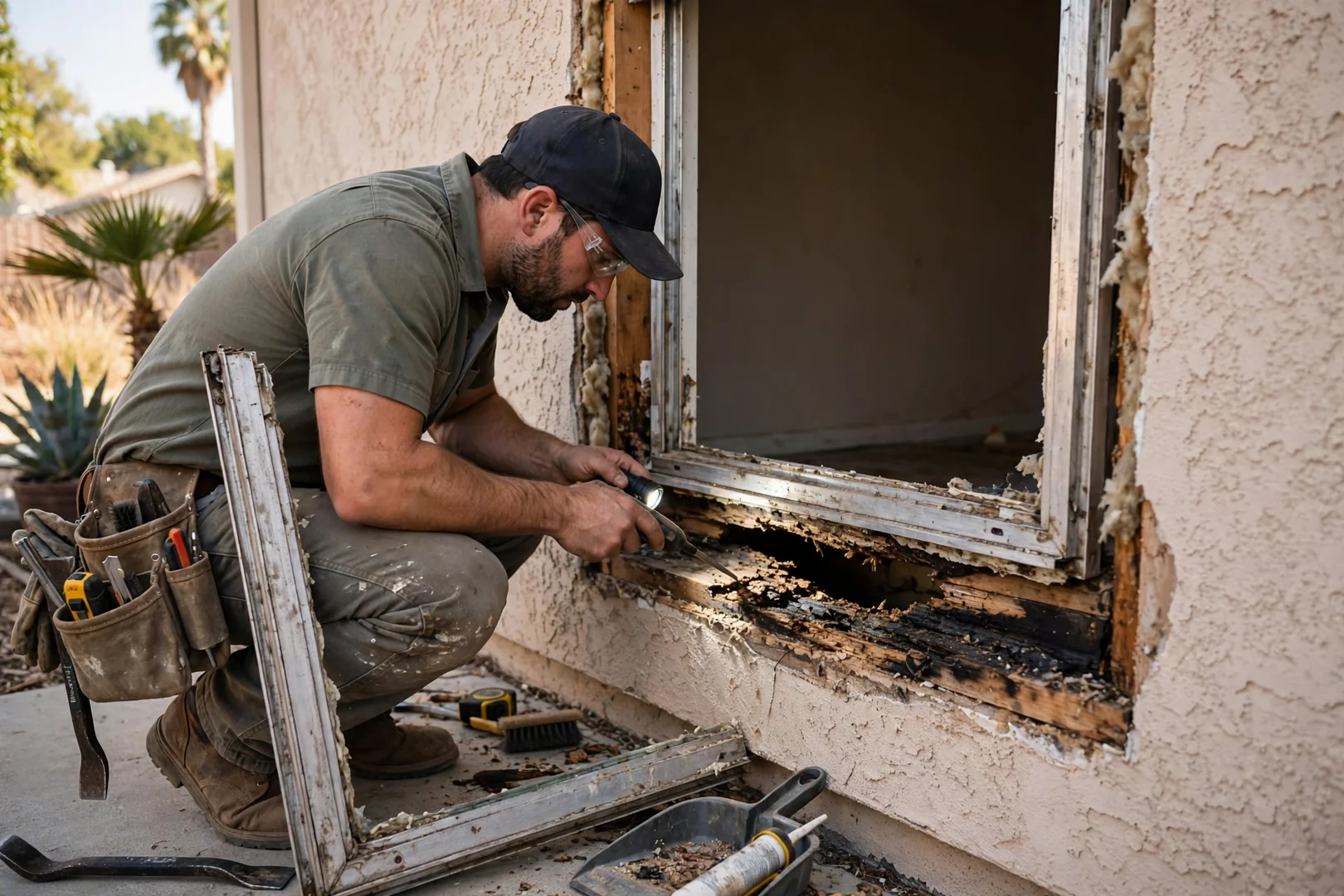 Old aluminum window removed showing exposed rough opening and sill inspection in progress