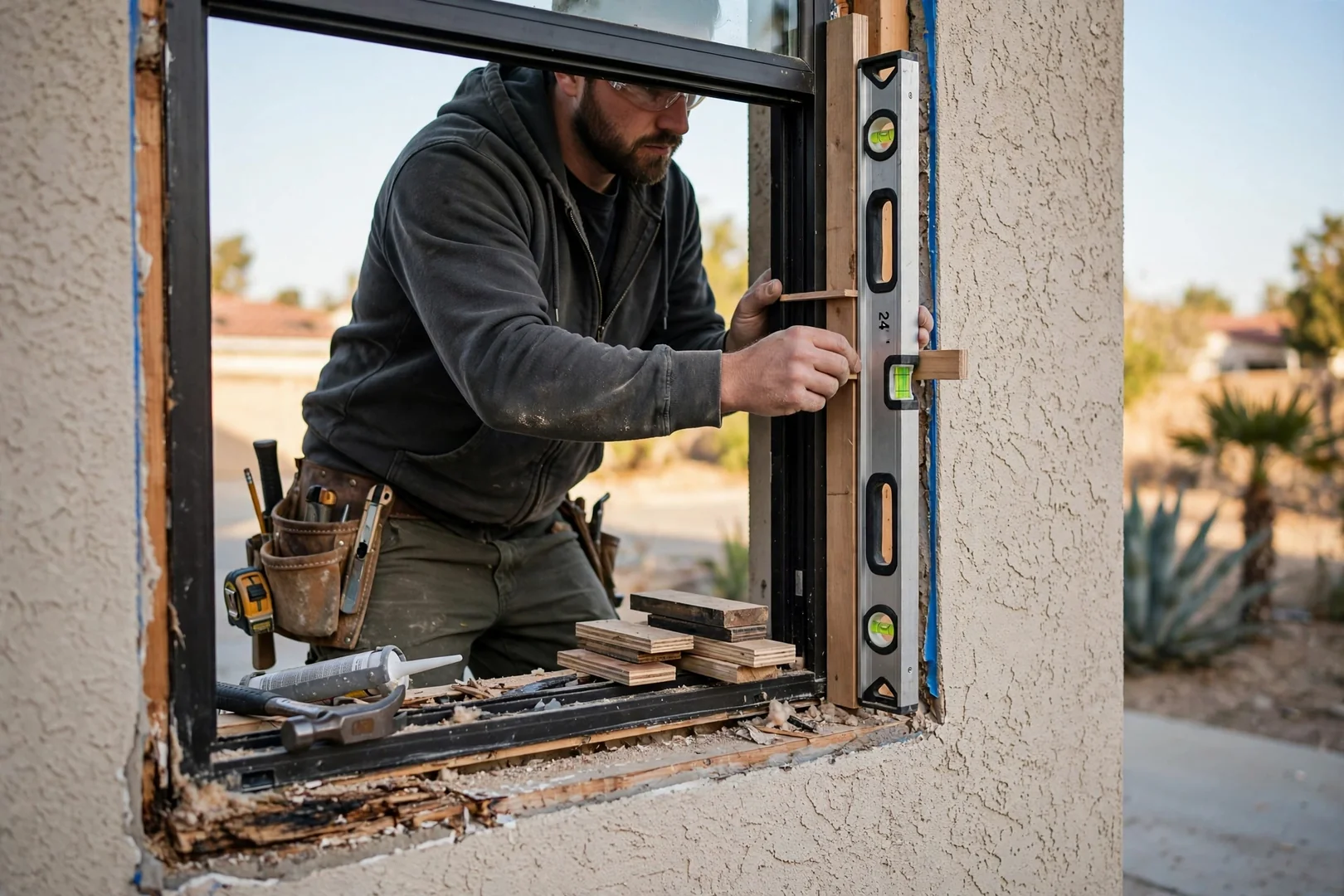 Level and shims used to square a replacement window during installation on a residential wall