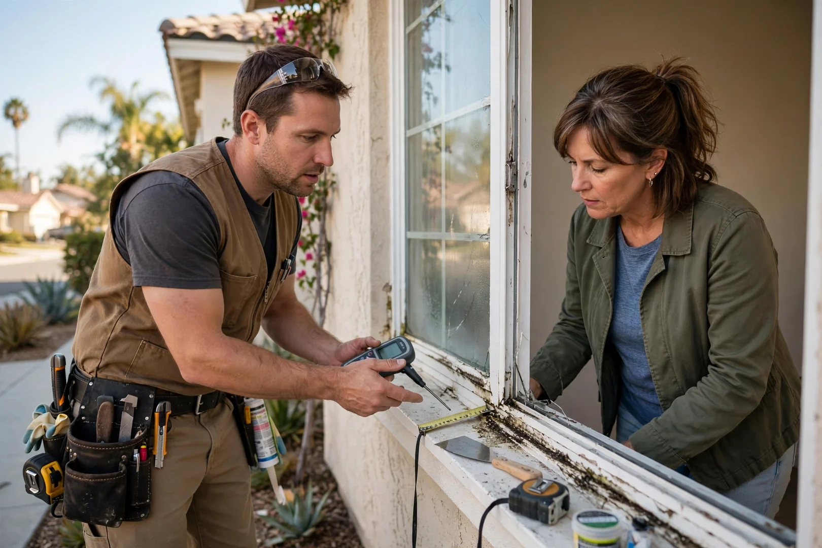 Technician measuring a damaged double-pane window opening while preparing a repair estimate for a homeowner