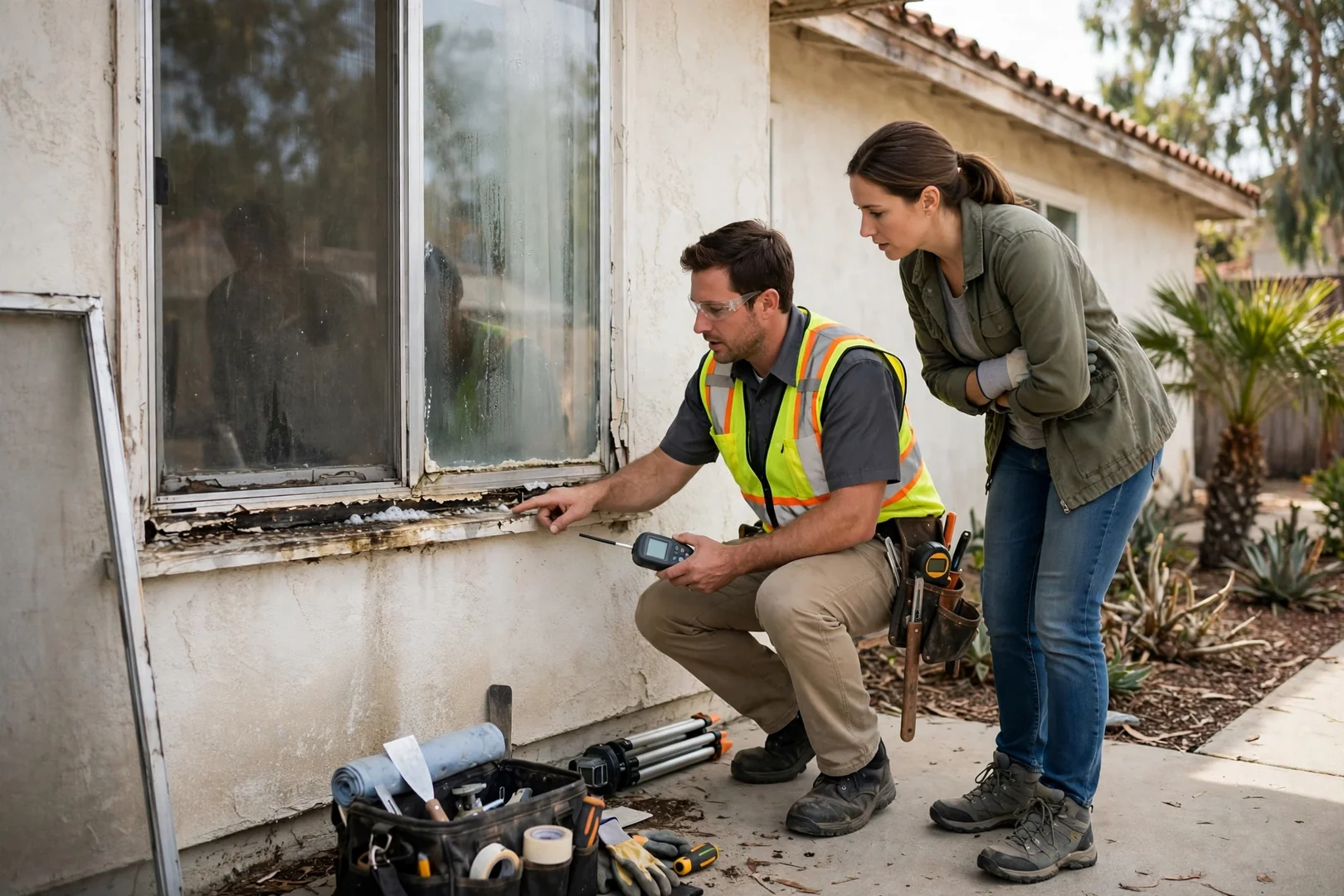 Fogged double-pane window showing moisture between glass after seal failure
