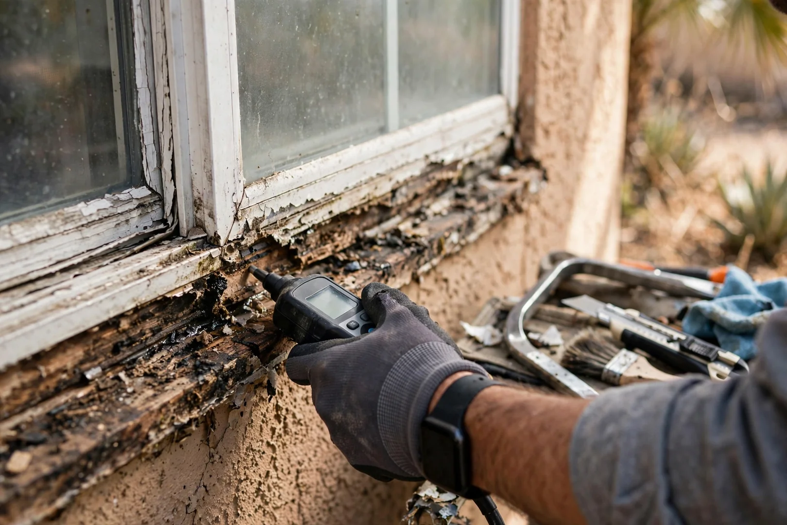 Cracked window pane and worn weatherstripping inspected on an Anaheim home