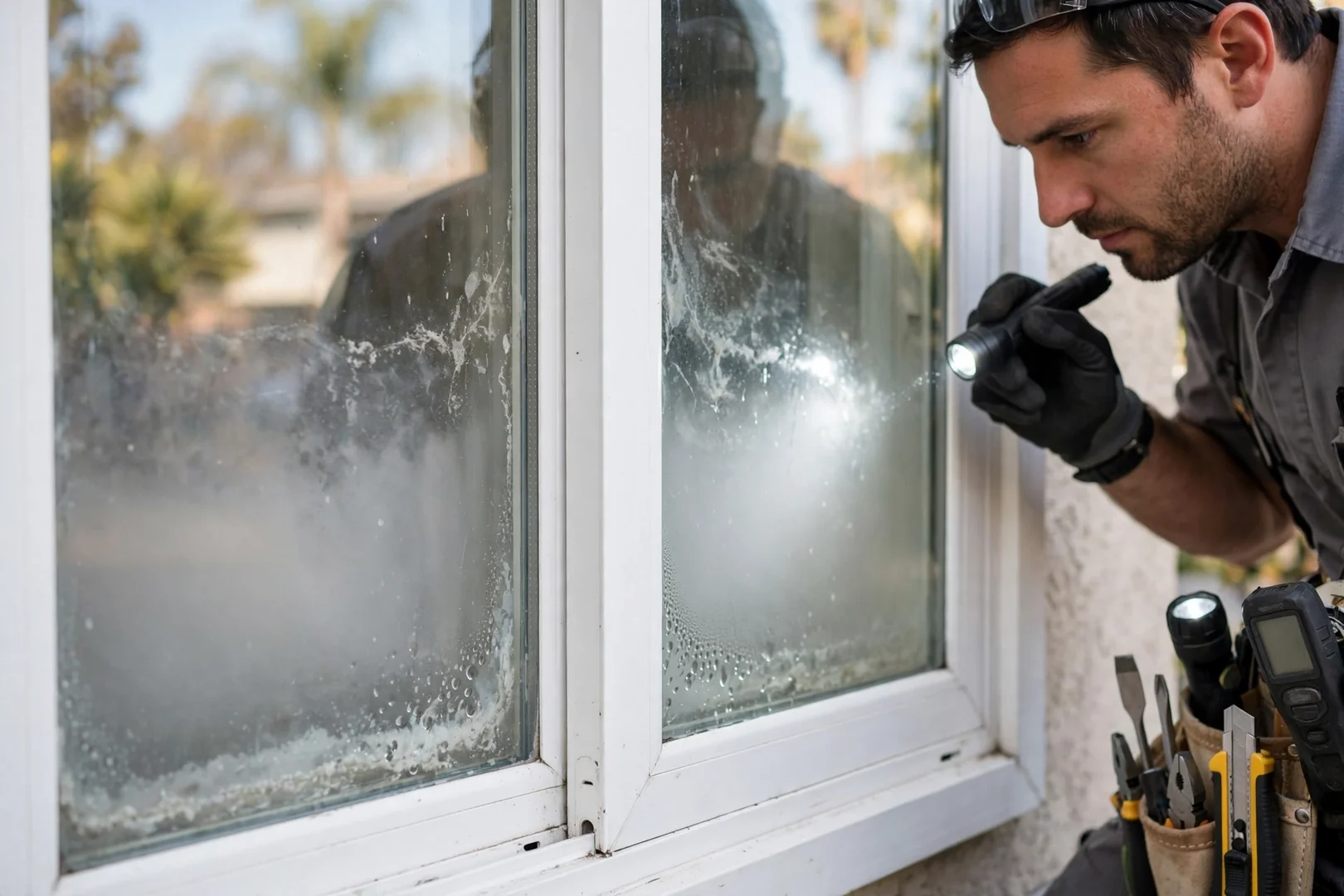 Close-up of a fogged double-pane window showing failed insulated glass seal before repair