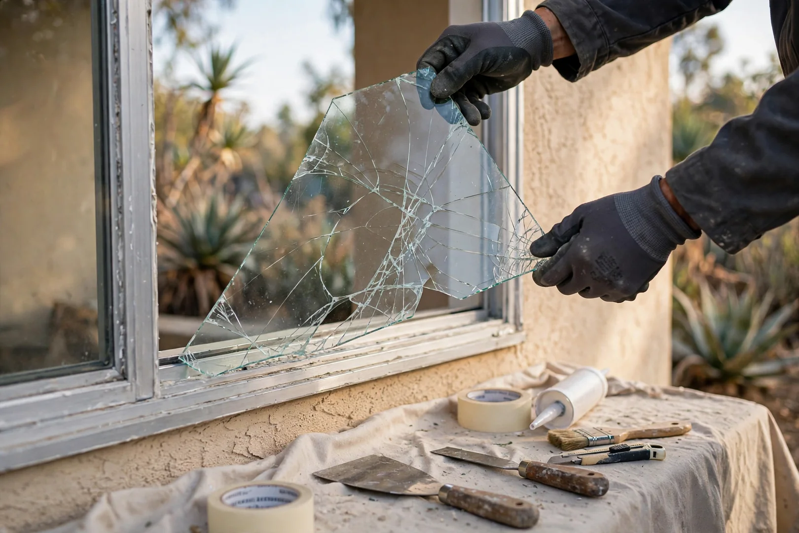 Technician removing cracked glass from an aluminum window frame on a single-story home
