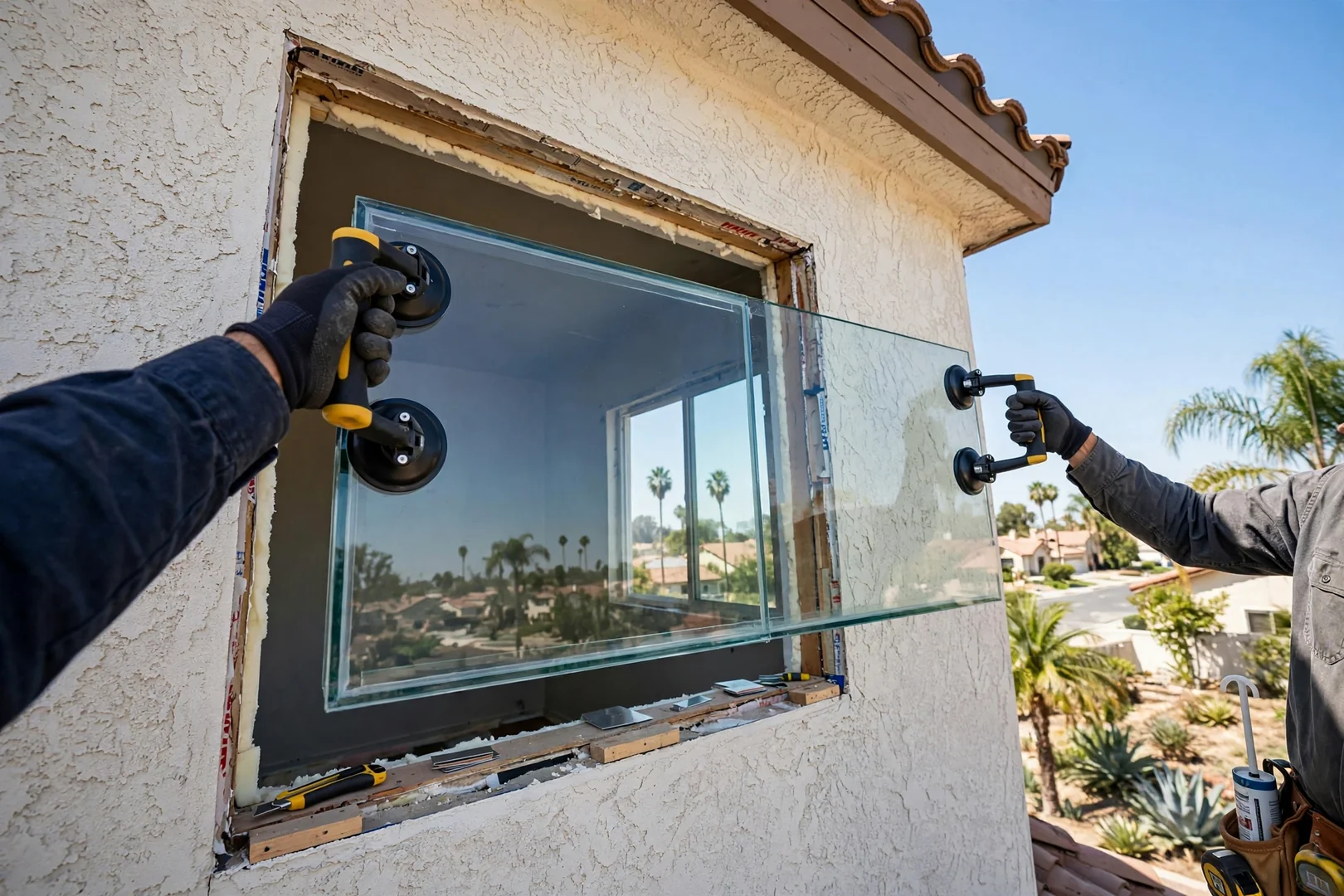 New insulated glass unit set with suction cups into a sunlit second-story window opening