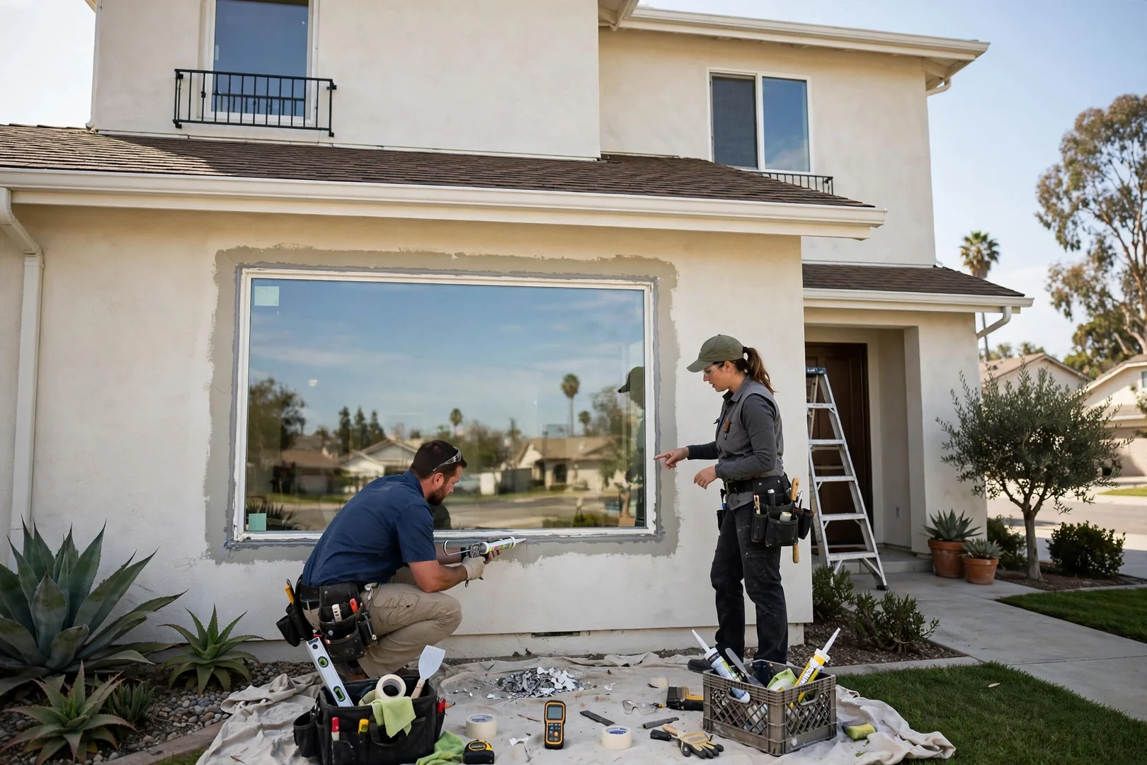Wide shot of a completed picture window repair on a two-story suburban home exterior
