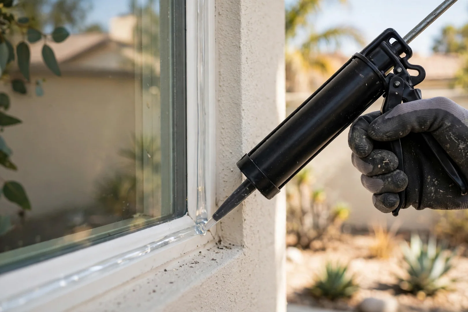 Glazing sealant applied along a window perimeter during a glass replacement job