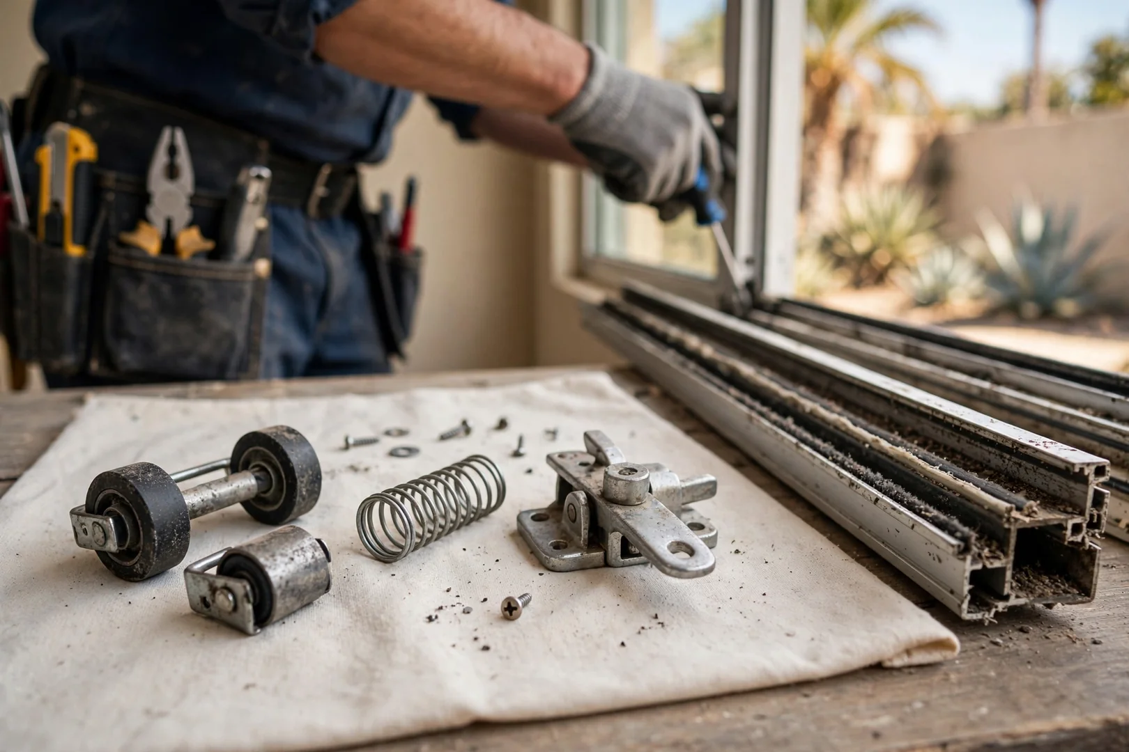 Replacement sash balance and roller hardware laid out beside an open sliding window