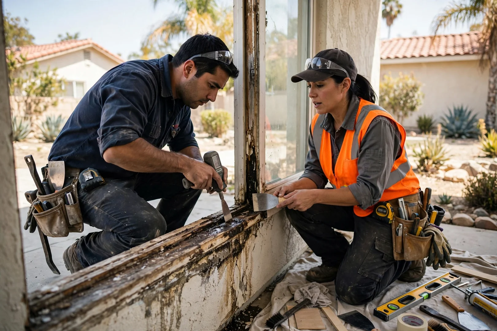 Installer measuring a rough opening during a window replacement consultation at an Anaheim home