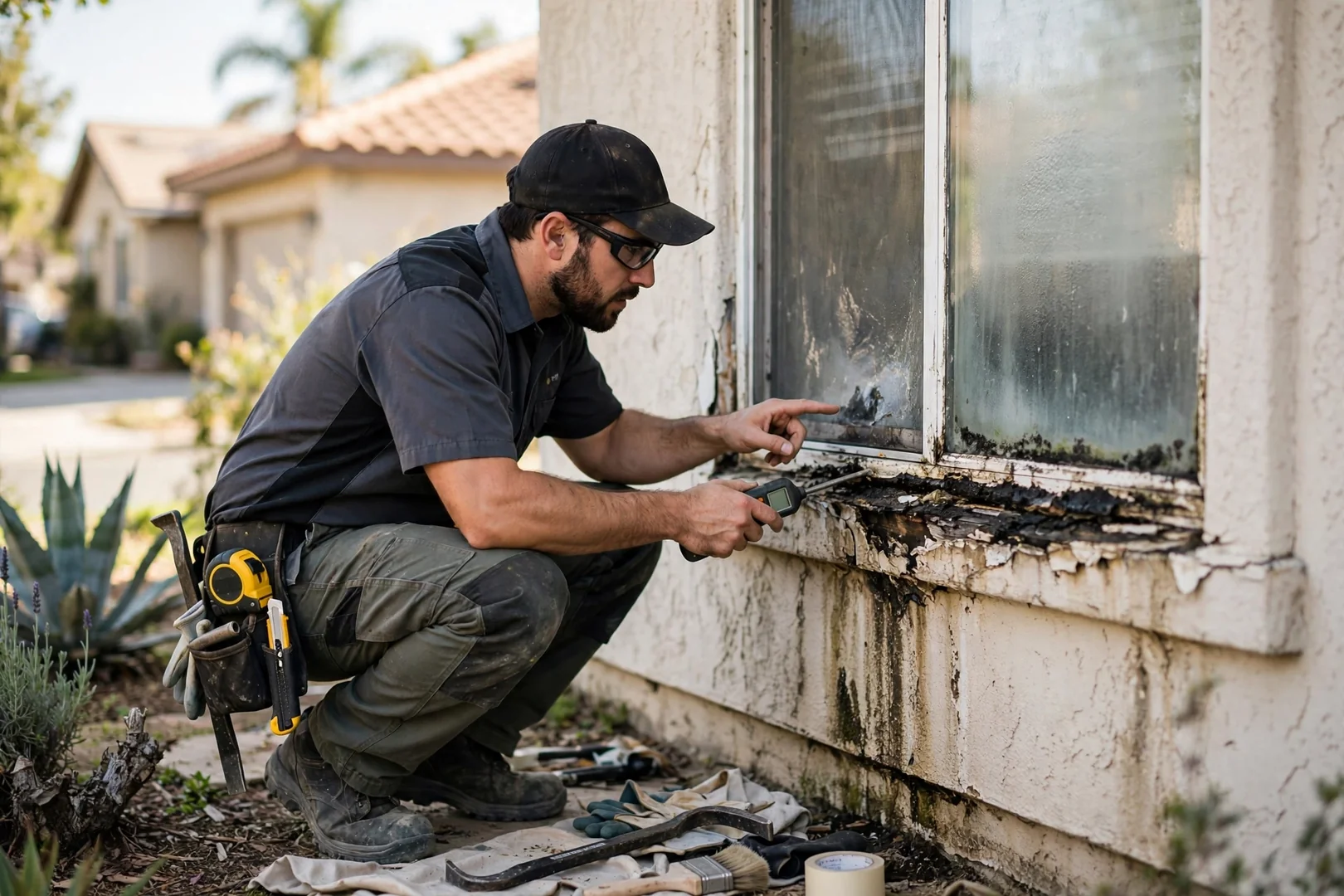 Fogged double-pane window showing a failed glazing seal on an Anaheim home