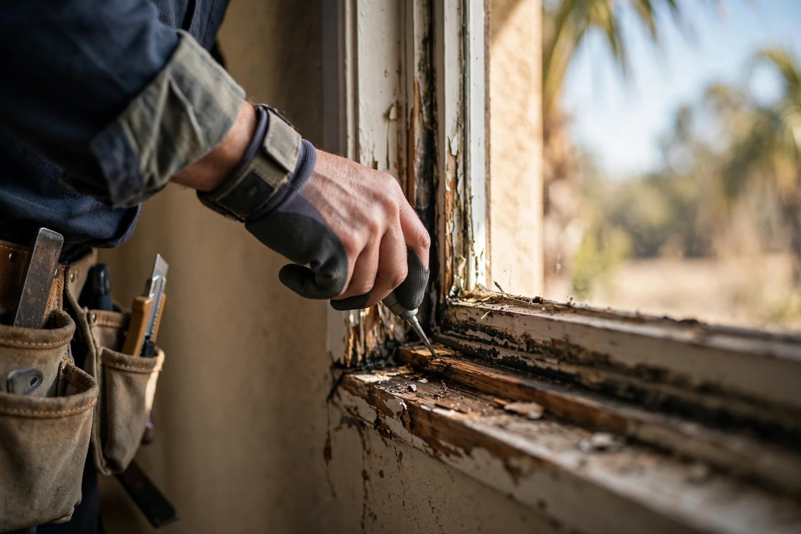 Technician checking a sticking sash and worn weatherstripping during an inspection