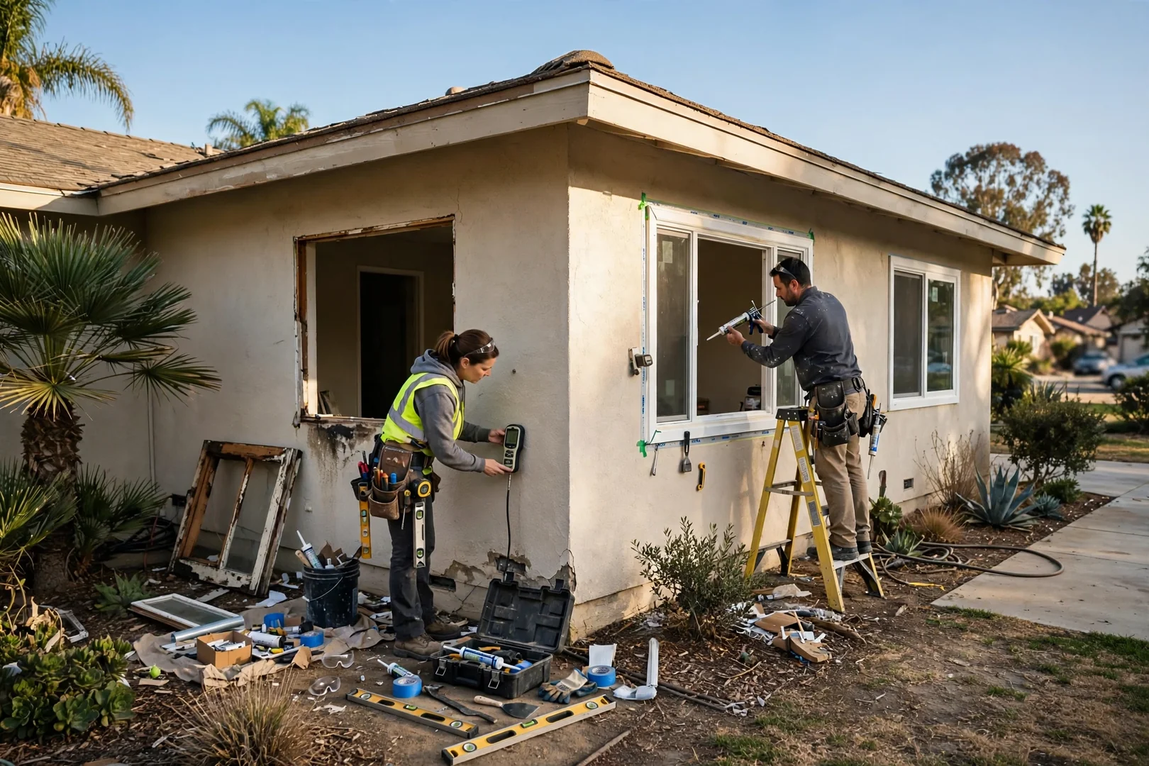 Wide shot of a single-story Anaheim ranch home with newly installed white vinyl windows