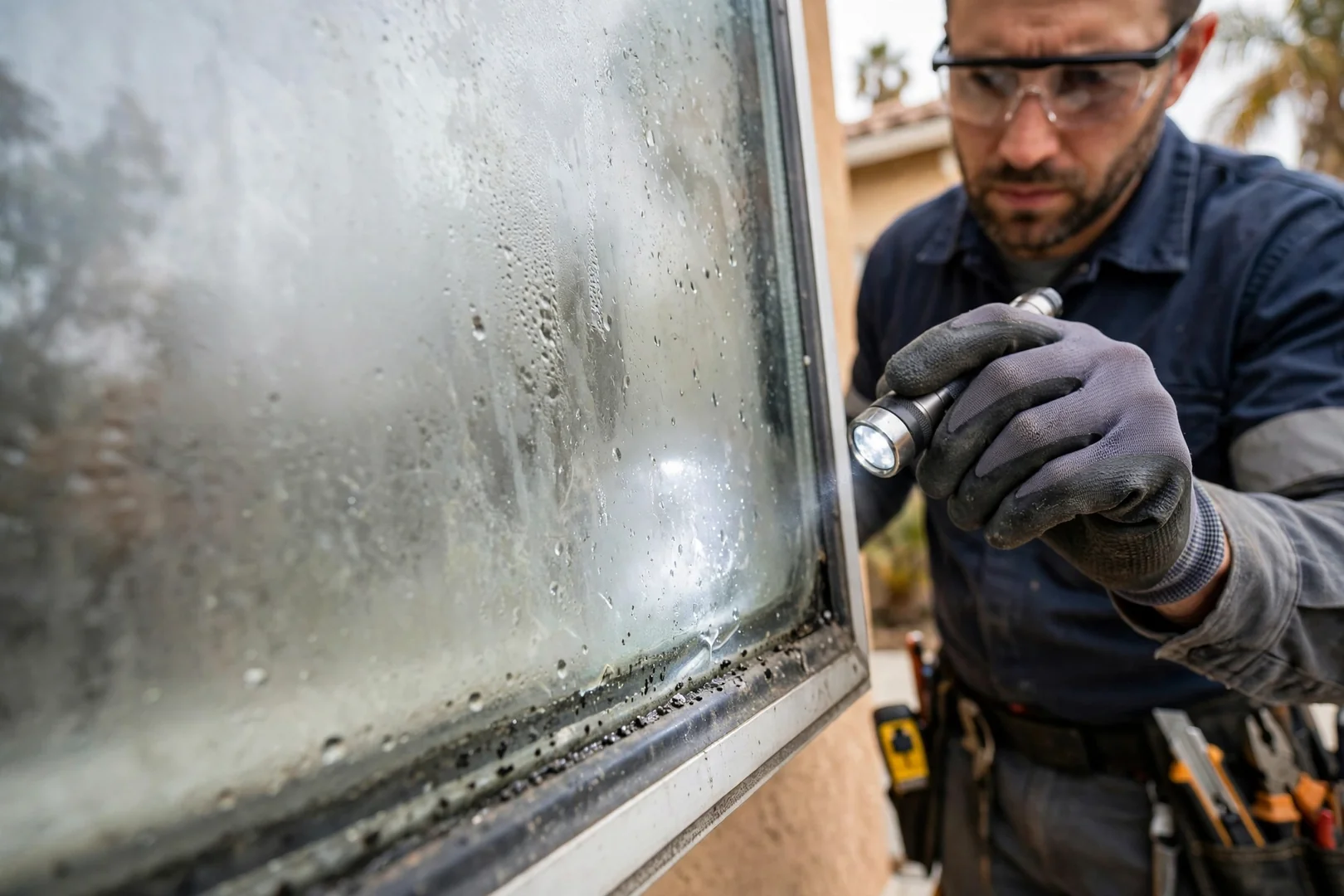 Close-up of fogged dual-pane glass showing seal failure before replacement