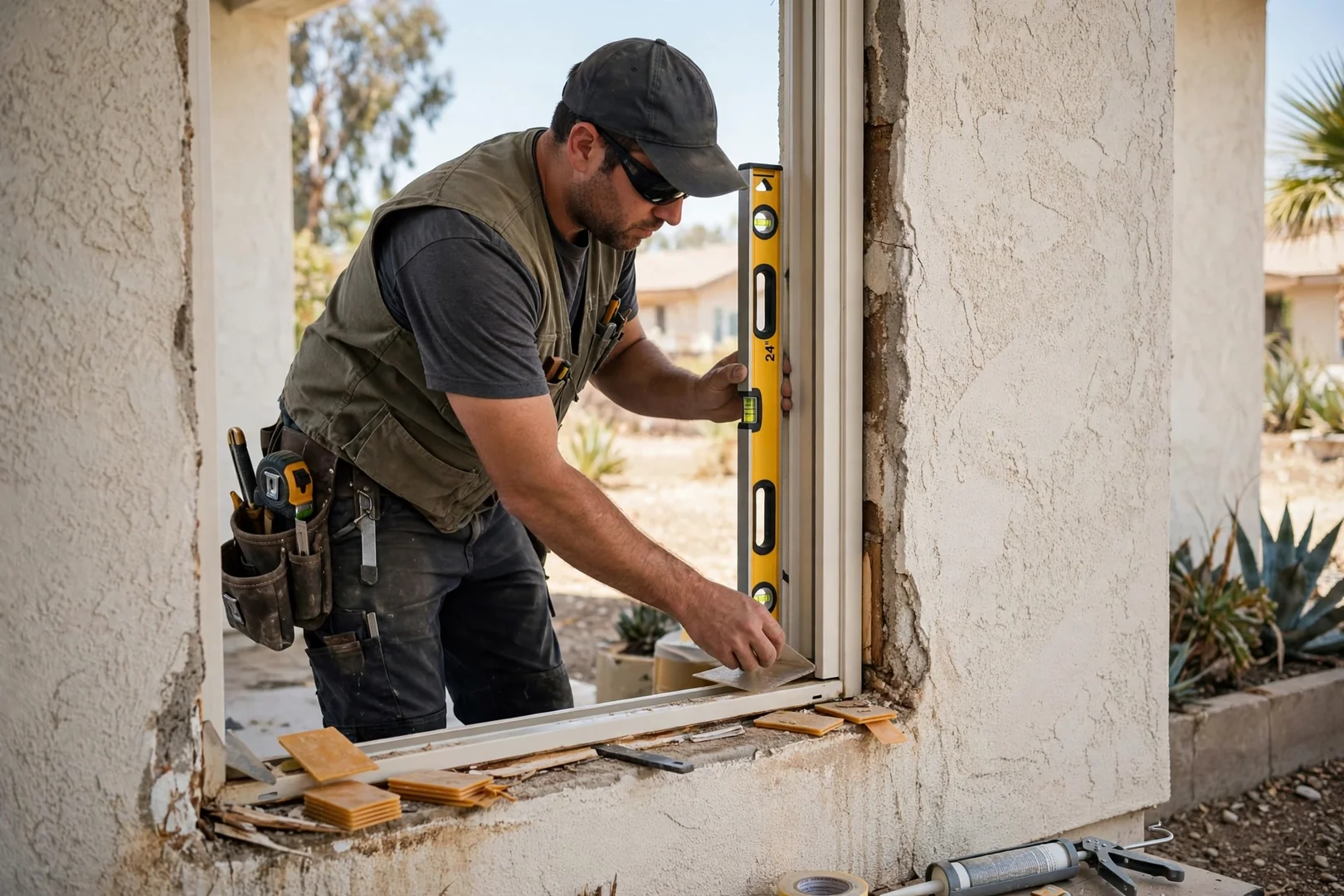 Installer shimming a new window unit level inside a stucco rough opening