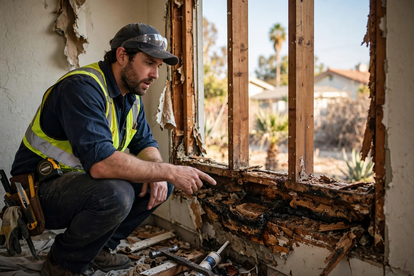 Exposed framing with dry rot at the sill discovered during a full-frame tear-out