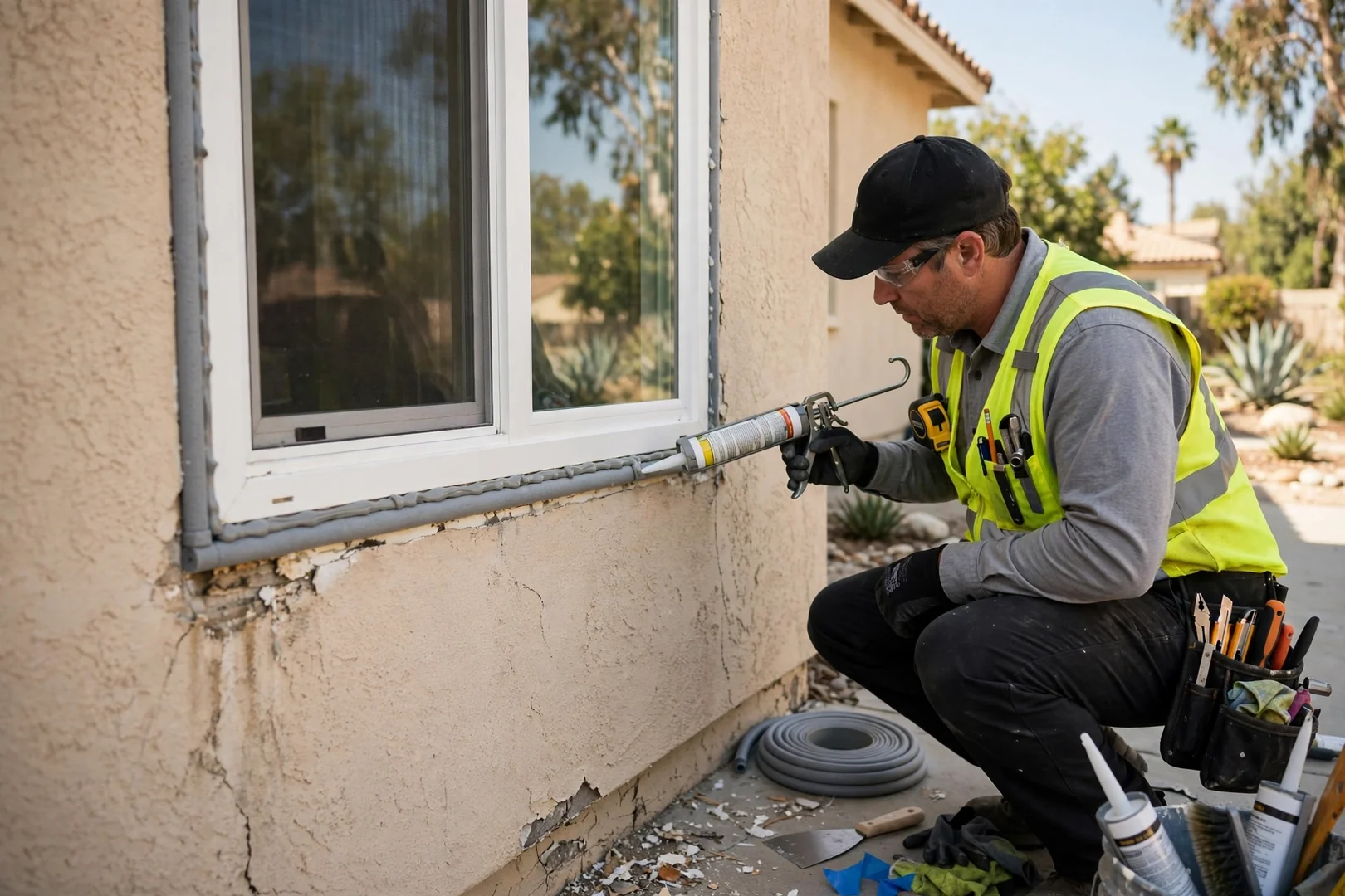Perimeter caulking and backer rod applied around a freshly set retrofit window flange