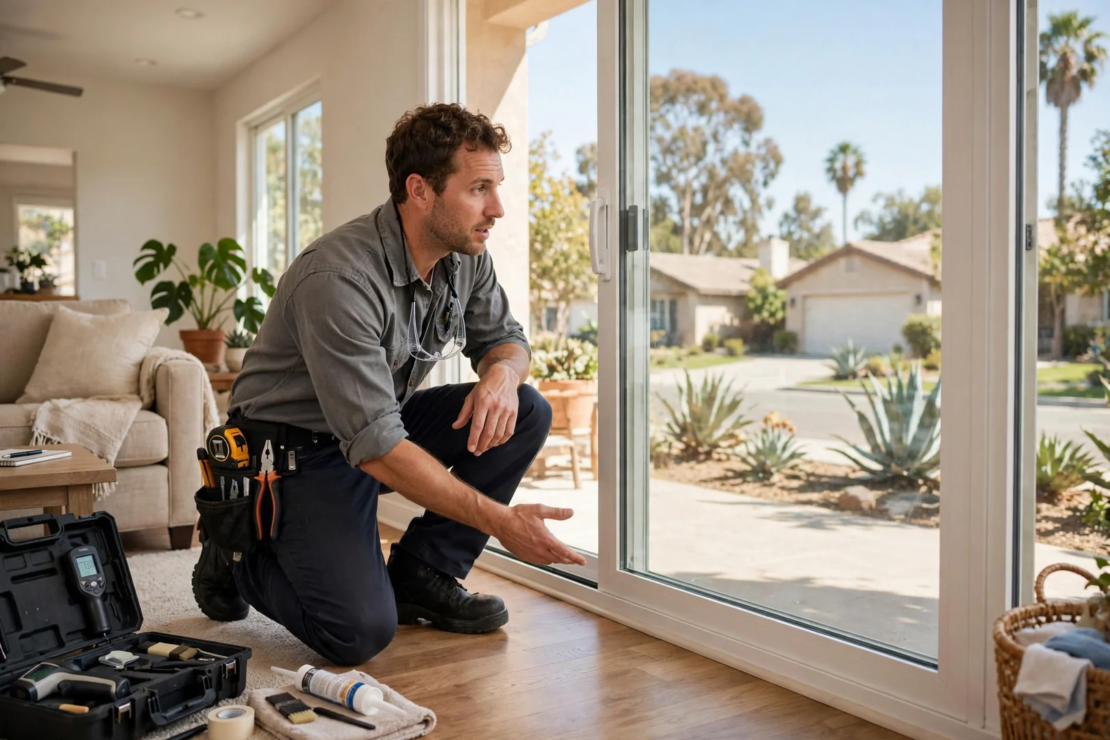 Finished energy-efficient sliding window with Low-E glass in a bright living room