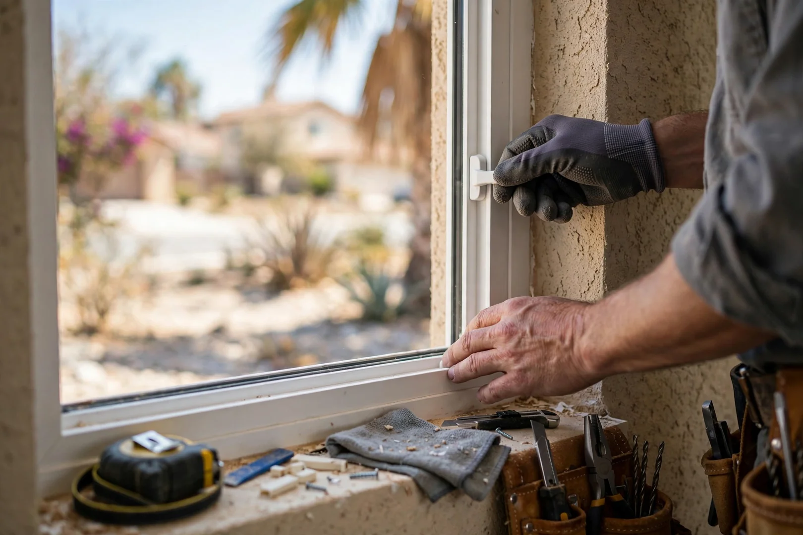 Hands testing the lock and smooth operation of a new sash during final walkthrough