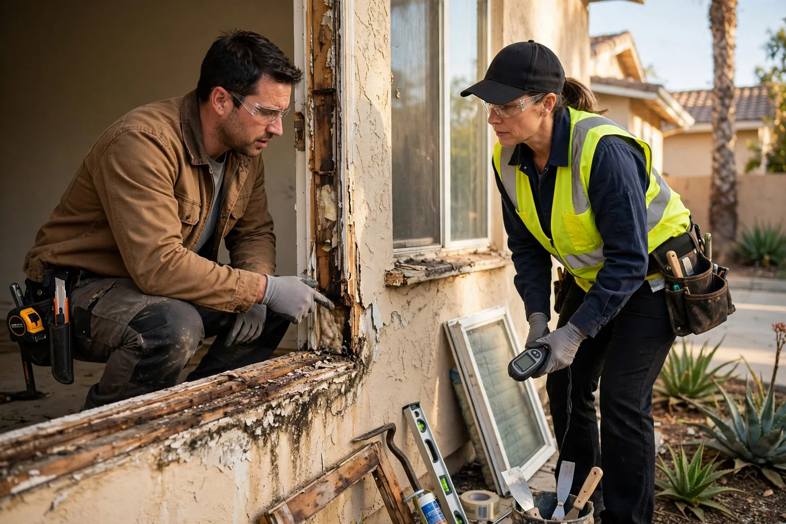 Installer reviewing window condition and sealant details with a homeowner during a walkthrough