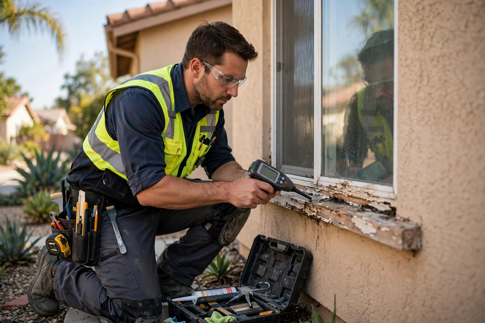 Technician measuring a window opening with a level and moisture meter at an Anaheim home