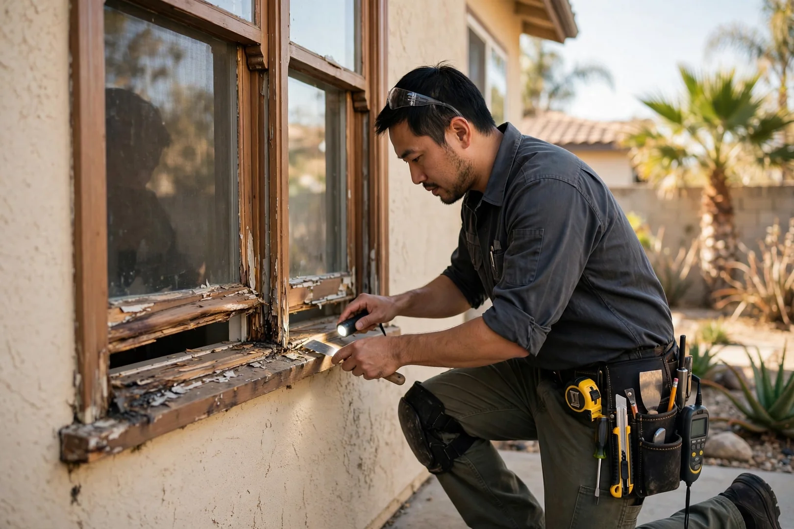 Technician inspecting a sticking window sash and frame during a home evaluation