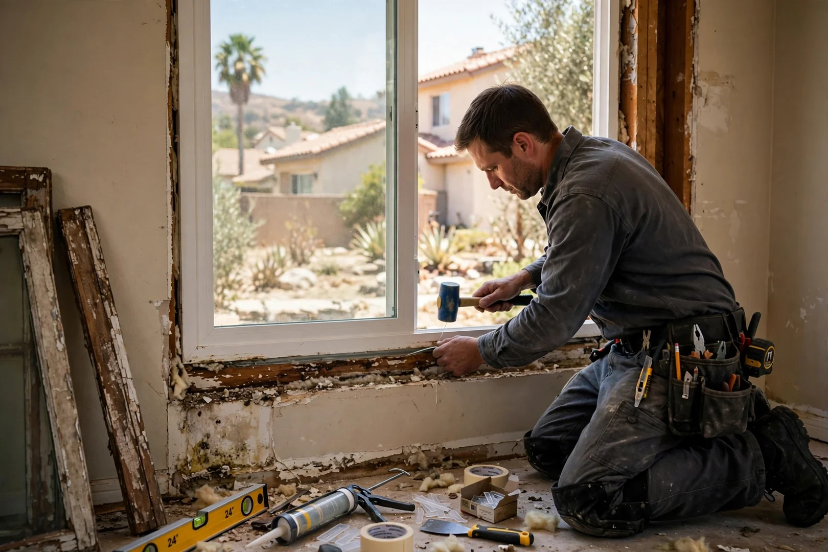 Installer setting and shimming a new energy-efficient window into place