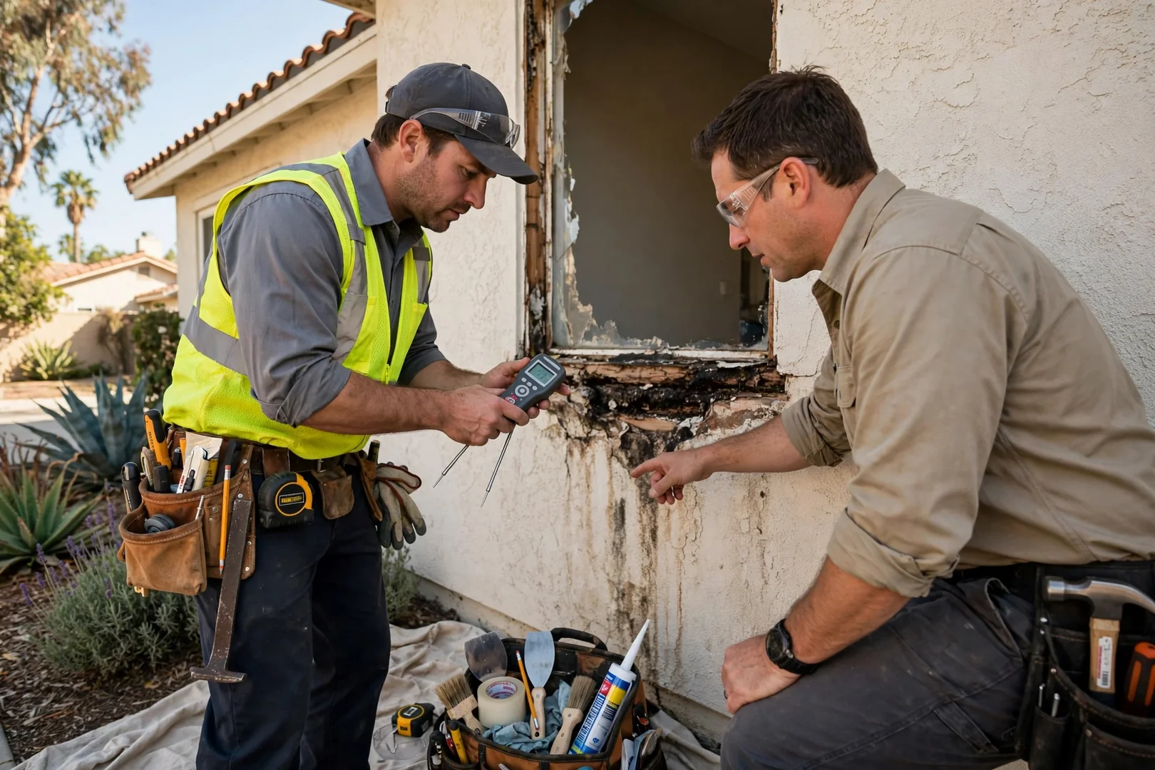 Installer setting a new energy-efficient window into a prepared opening on an Anaheim house